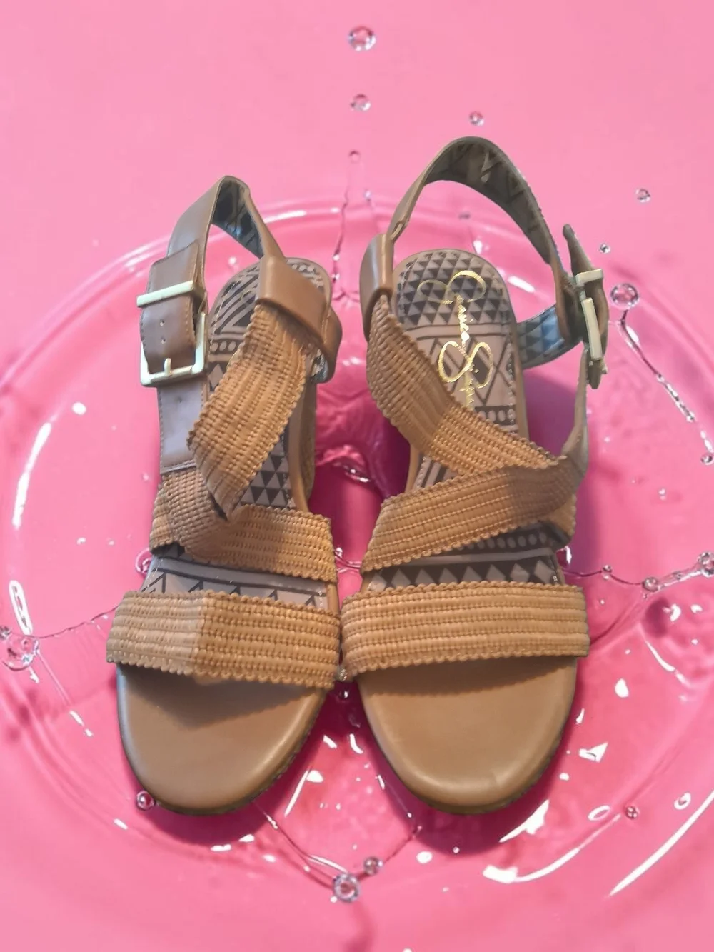 Jessica Simpson Tan Woven Wedge Sandals with Ankle Buckle Women's Shoes Size 10